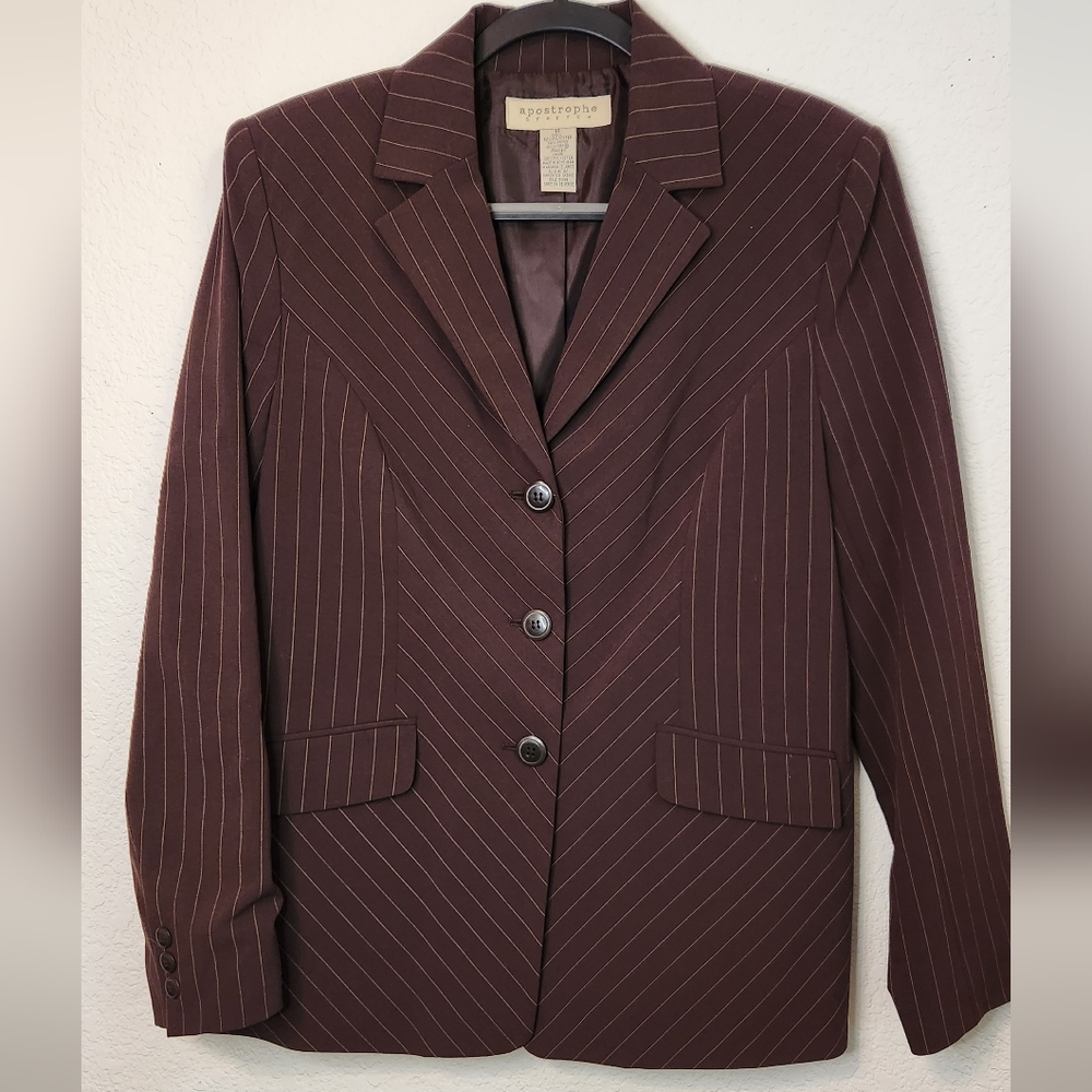 Apostrophe Women's Brown Pin Stripe Blazer,‎ Lined, Size 14